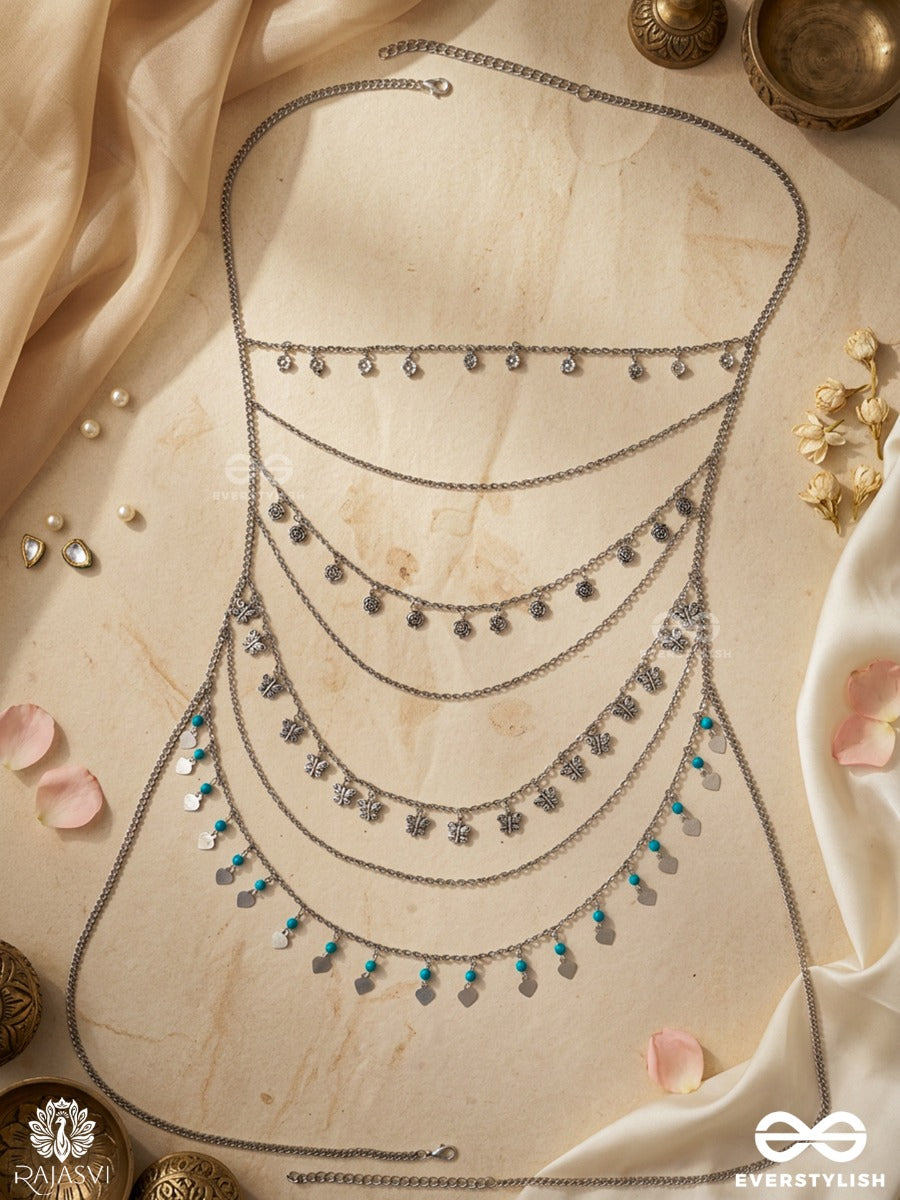 Rajranjini – Oxidised Multi-Layer Body Chain With Heritage Draped Chains
