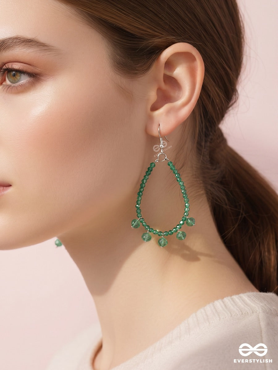 Emerald Dew – Green Faceted Bead Teardrop Earrings With Crystal Fringes