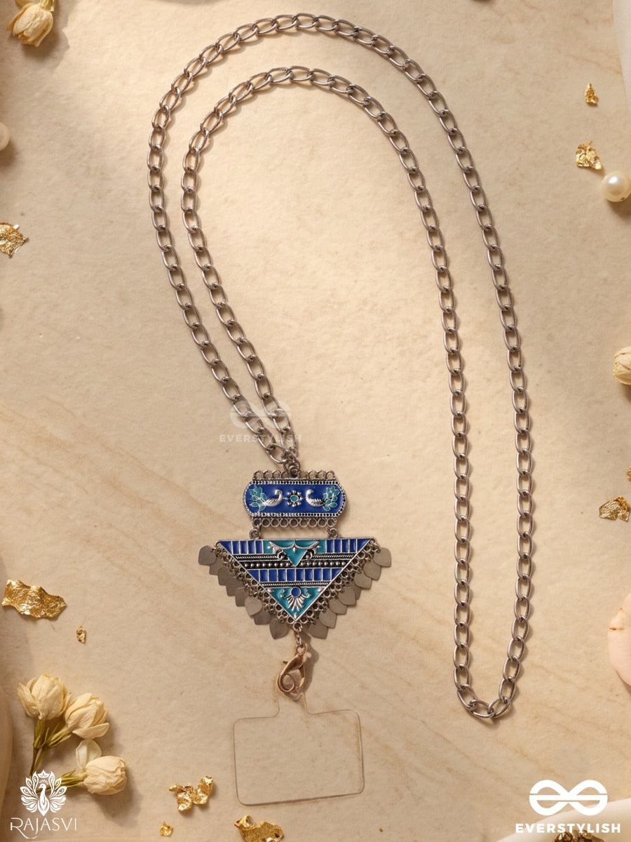 Jhankriti – Oxidised Phone Charm With Blue Enamelled Heritage Motif And Silver-Tone Details
