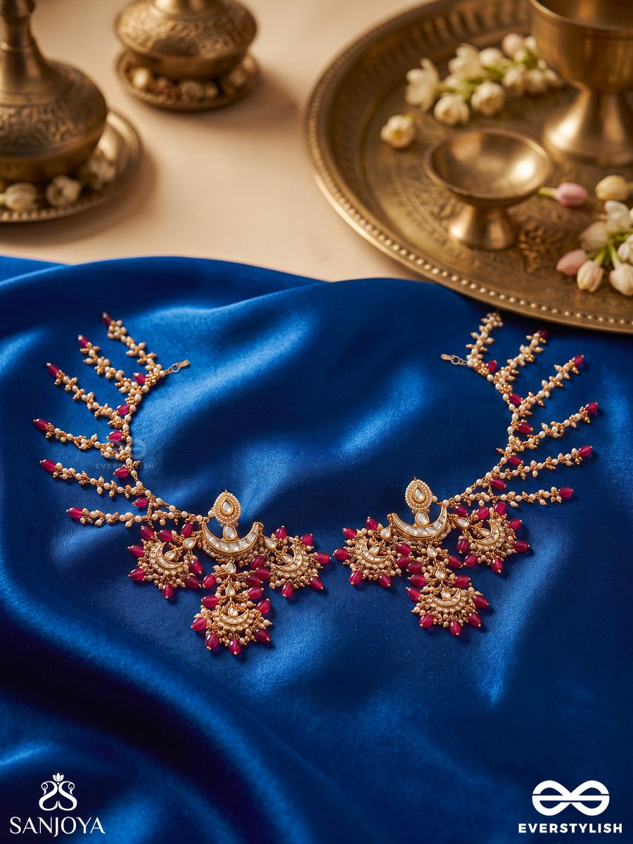 Jahanara – Adornment Of The World – Ornate Ear-Chain Earrings With Crescent Motifs, Pearl Clusters, Pink Gem Drops And Cascading Chains