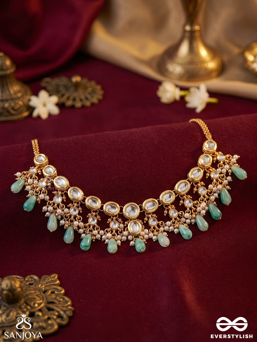 Ratnavali – String Of Gems – Heritage Choker With Kundan-Style Settings, Lustrous Pearl Clusters, Aqua Teardrop Accents And Delicate Golden Chain Detailing