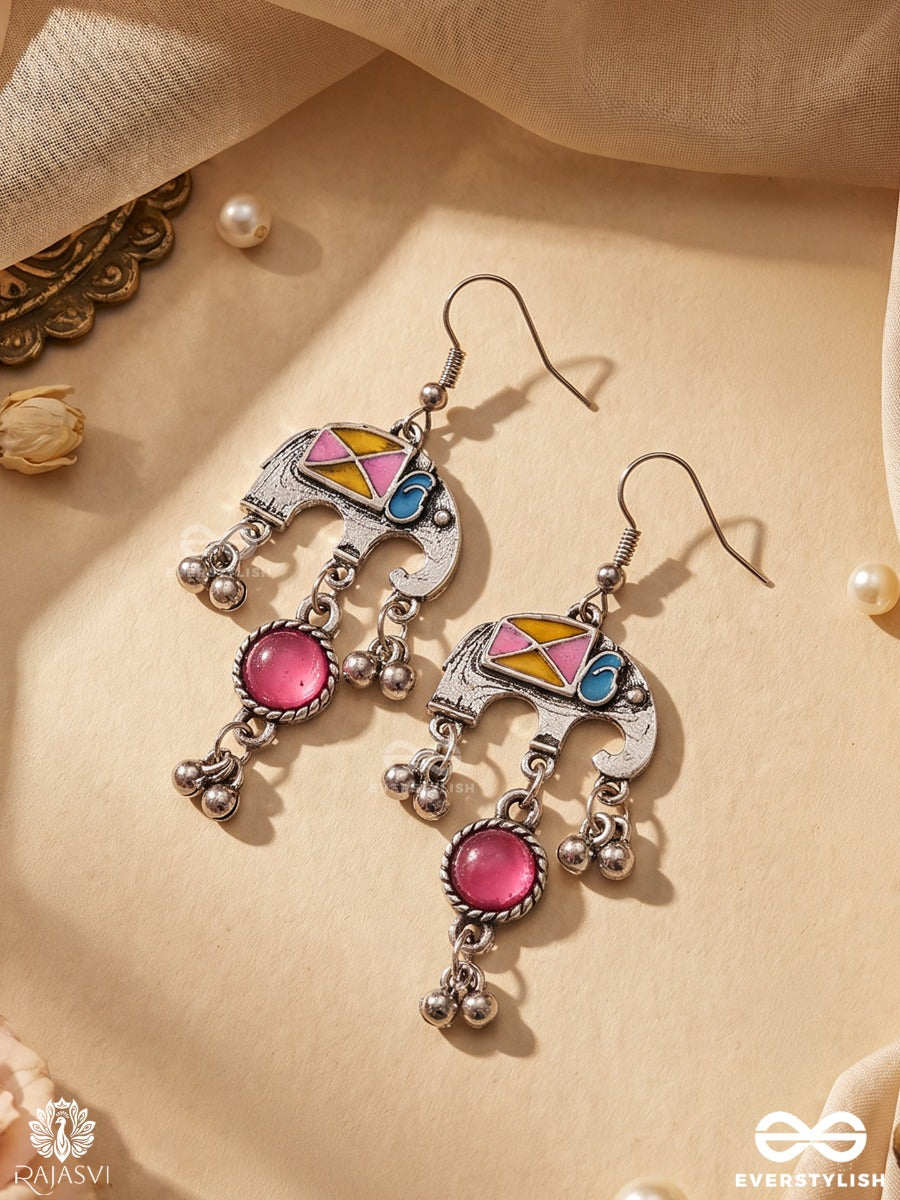 Rangdooti – Oxidised Enamel Earrings With Multicolour Mosaic Motifs, Magenta Stones And Ghungroo Drops