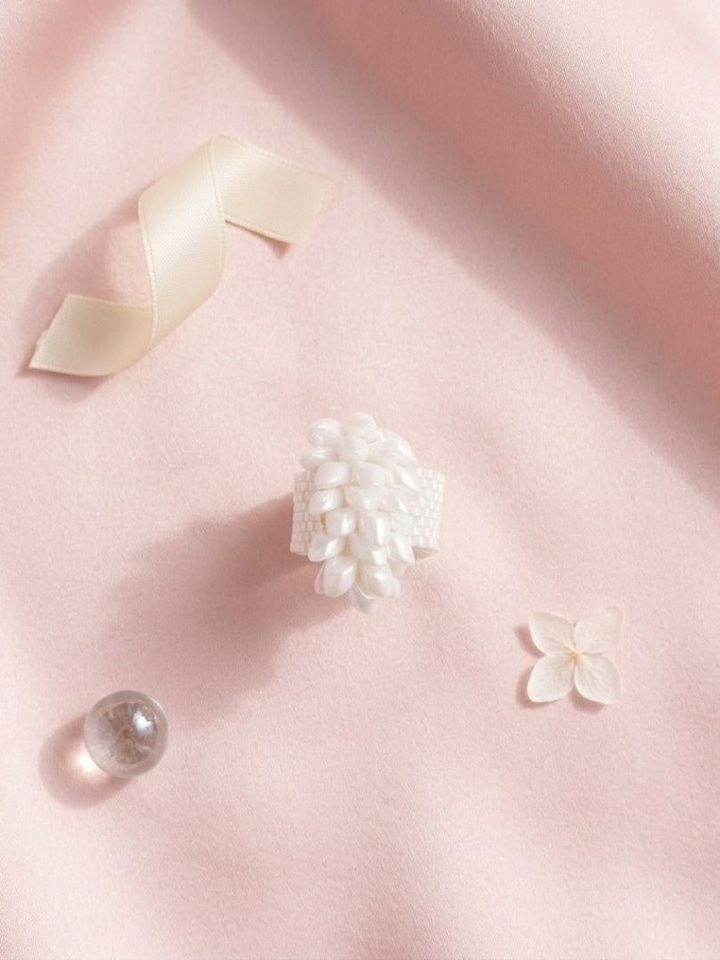Snow Dahlia - White Beaded Floral Statement Ring