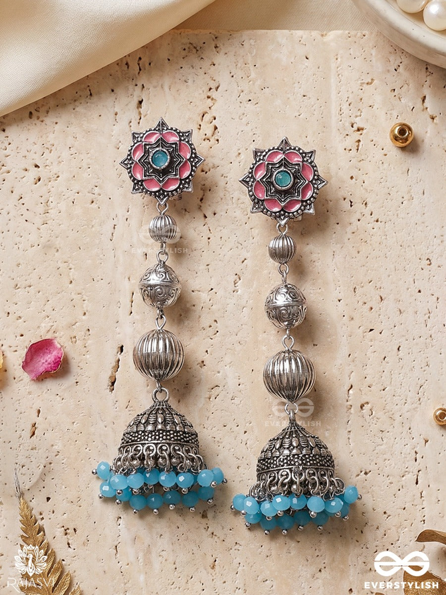 Neelkamini – Oxidised Jhumka Earrings With Pink Floral Studs, Turquoise Centres And Aqua Bead Fringe