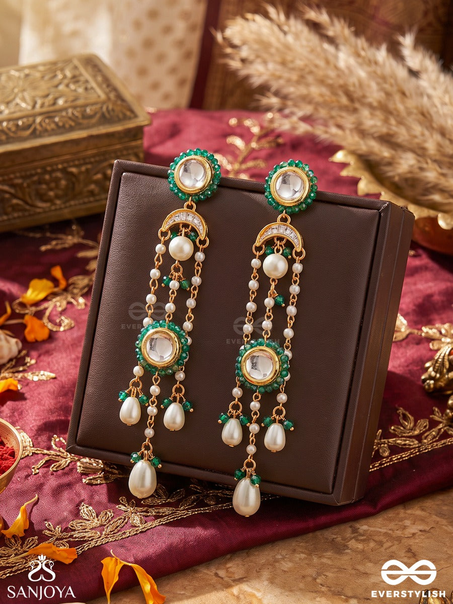 Phiroza – Precious Gem – Long Earrings With Green Gem Borders, Circular Kundan Motifs, Pearl Chains And Cascading Drops
