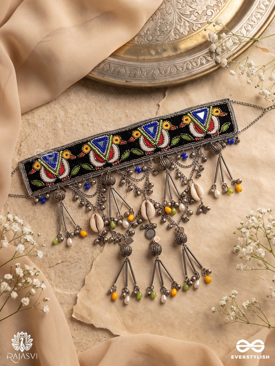 Raasrang – Colours Of Raas – Navratri Special Necklace With Colourful Folk Motifs, Oxidised Ghungroos And Cascading Danglers