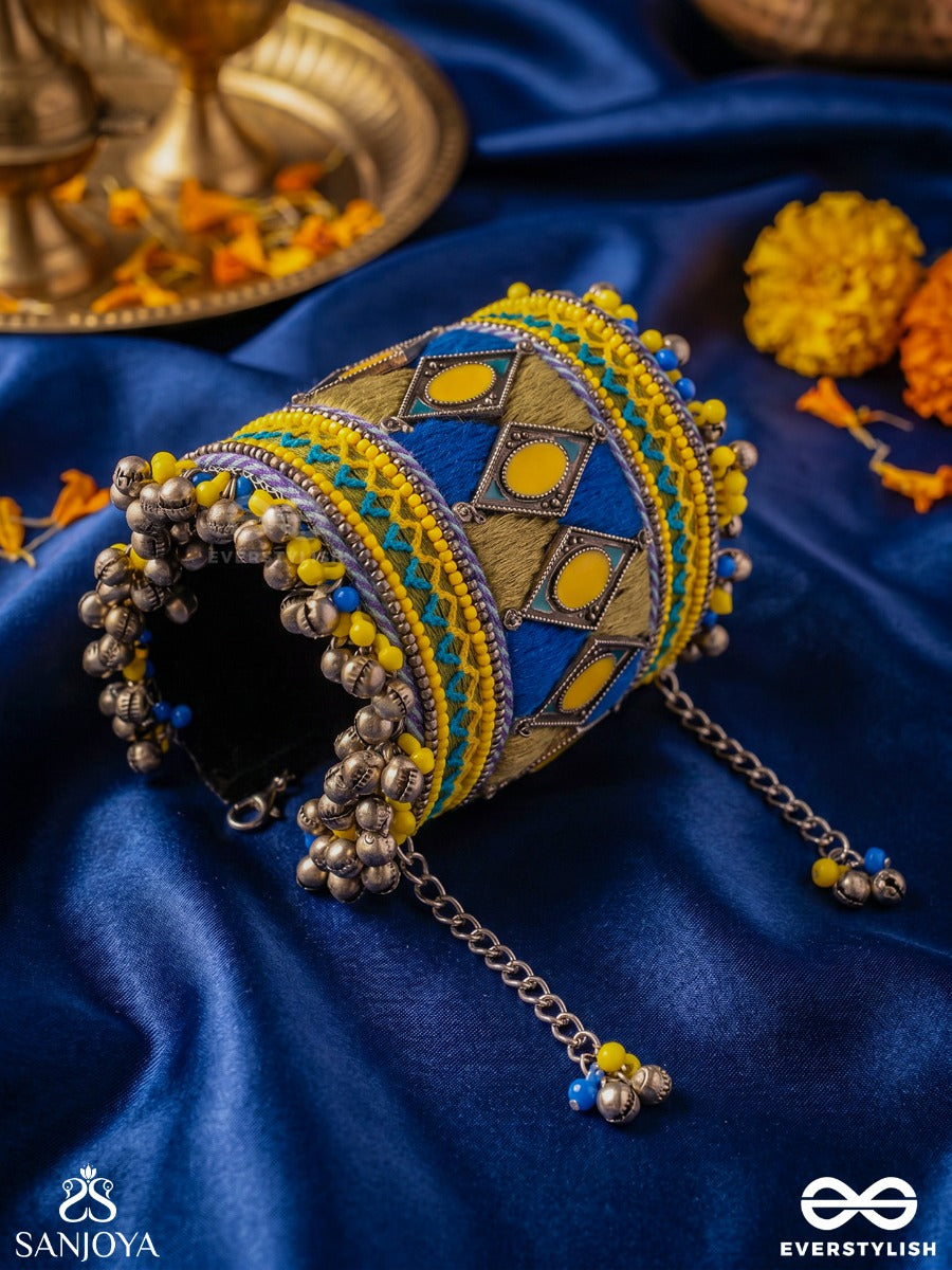 Jhanaki – Musical Chime – Handcrafted Bangle With Blue-Yellow Thread Embroidery, Mirror Work And Oxidised Ghungroo Accents