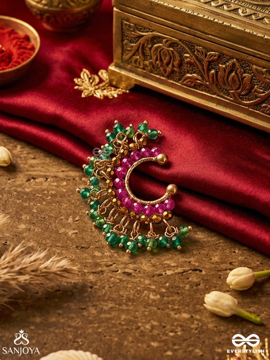 Chandrarangi – Coloured Moonlight – Ornate Single Earcuff With Pink Crescent Detail, Green Bead Accents And Delicate Gold-Tone Ornamental Work