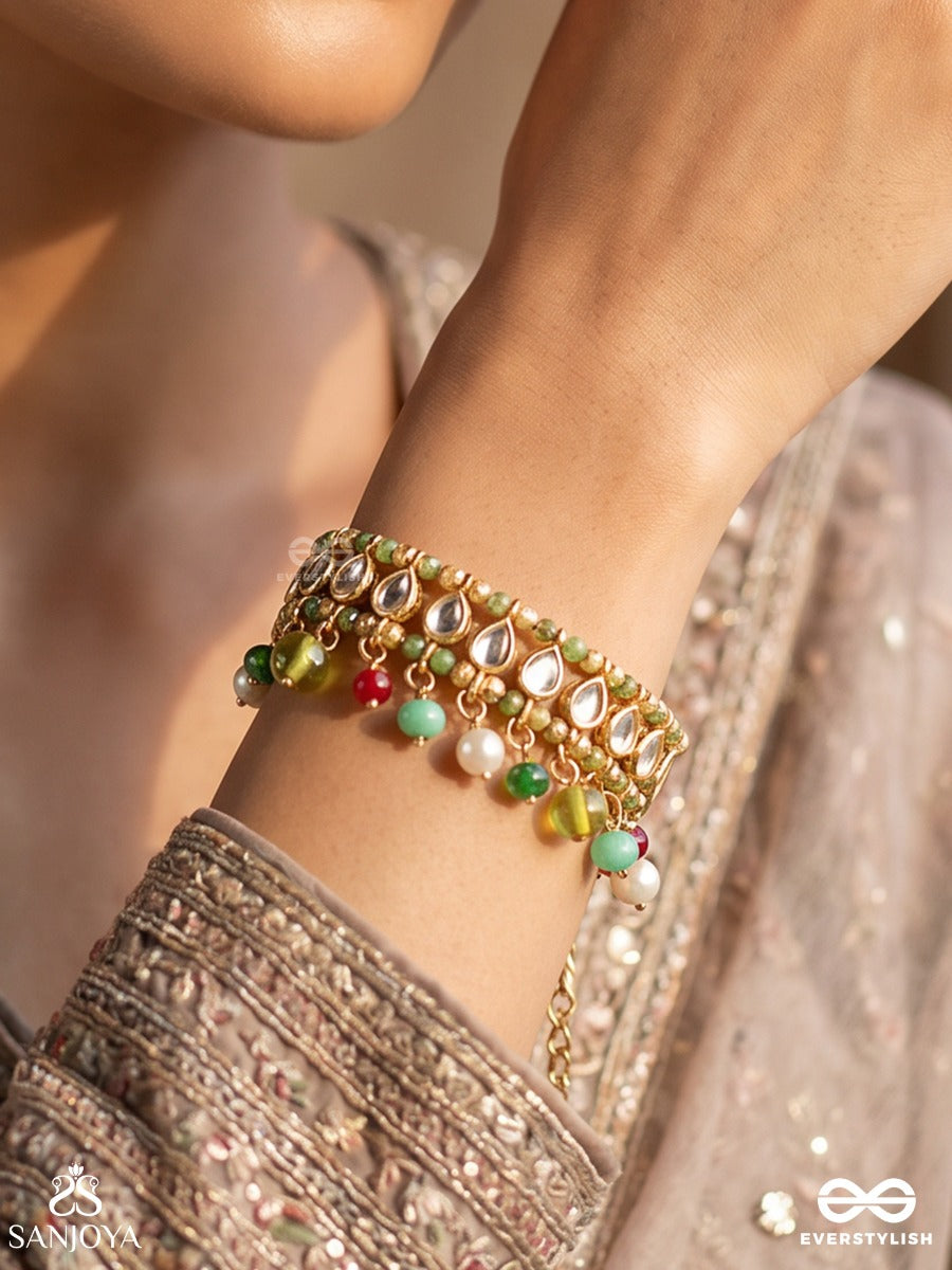 Rangjhilmil – Colourful Sparkle – Ornate Single Piece Bracelet With Stone-Studded Bar Detail, Delicate Gold-Tone Chainwork And Multi-Colour Bead Danglers