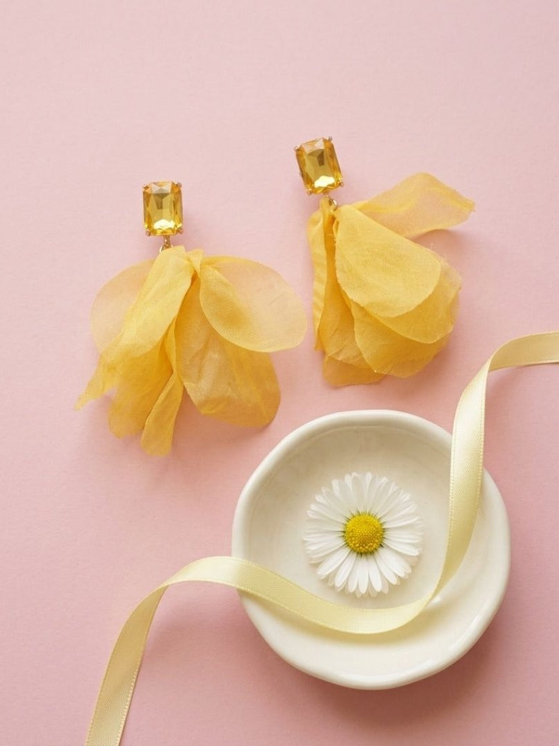 Sunny Flutter - Yellow Organza Petal Drop Earrings