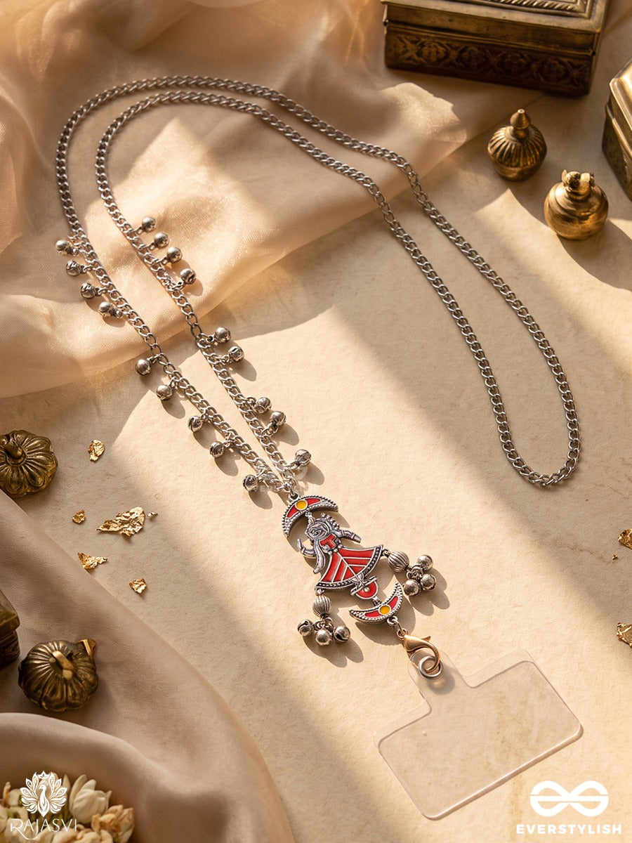 Ranjhini – Oxidised Phone Sling With Ghungroo Drops And Red Heritage-Inspired Enamel Accents
