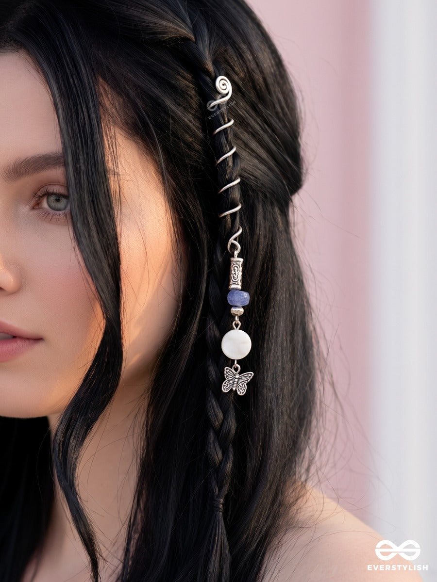 Bluebell Wing – Silver Spiral Braidlet With Blue Beads And Butterfly Charm