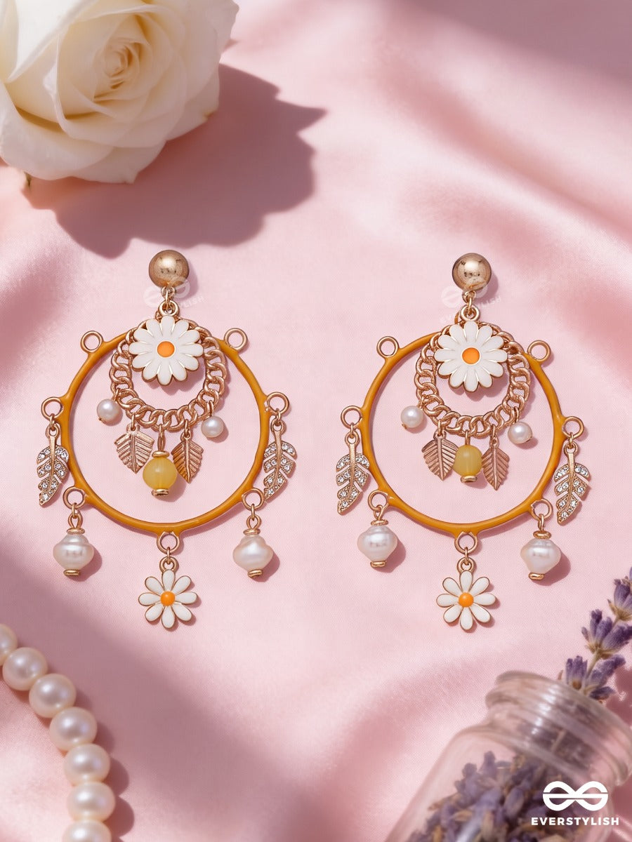 Honey Garden – Mustard Statement Hoop Earrings With Floral And Pearl Charms