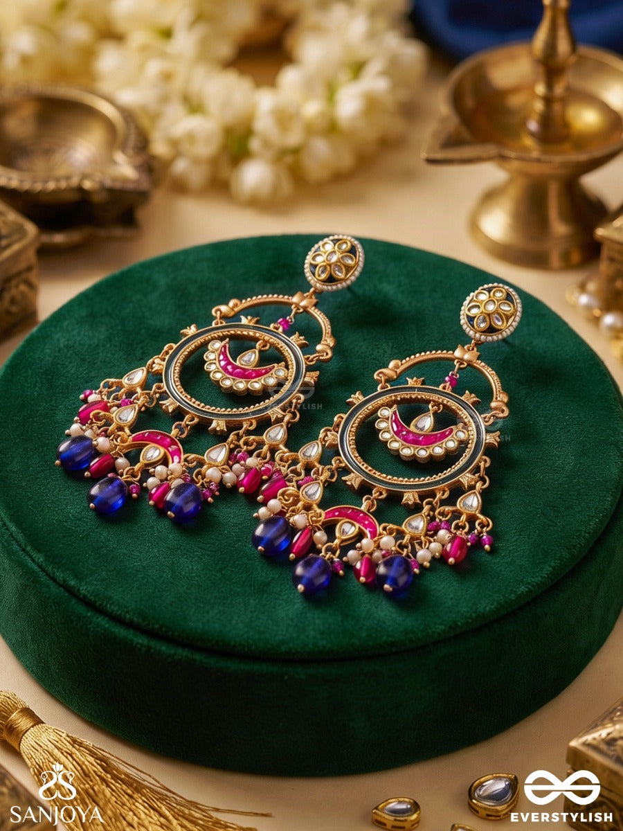 Priyamvada – Sweet-Spoken – Ornate Earrings With Circular Meenakari Frame, Pearl Accents And Cobalt Drop Beads