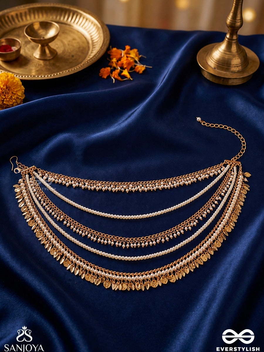 Kashvi – Shining Beauty – Multi-Purpose 3-In-1 Layered Chain With Cascading Pearl Strands, Golden Links And Delicate Drop Accents