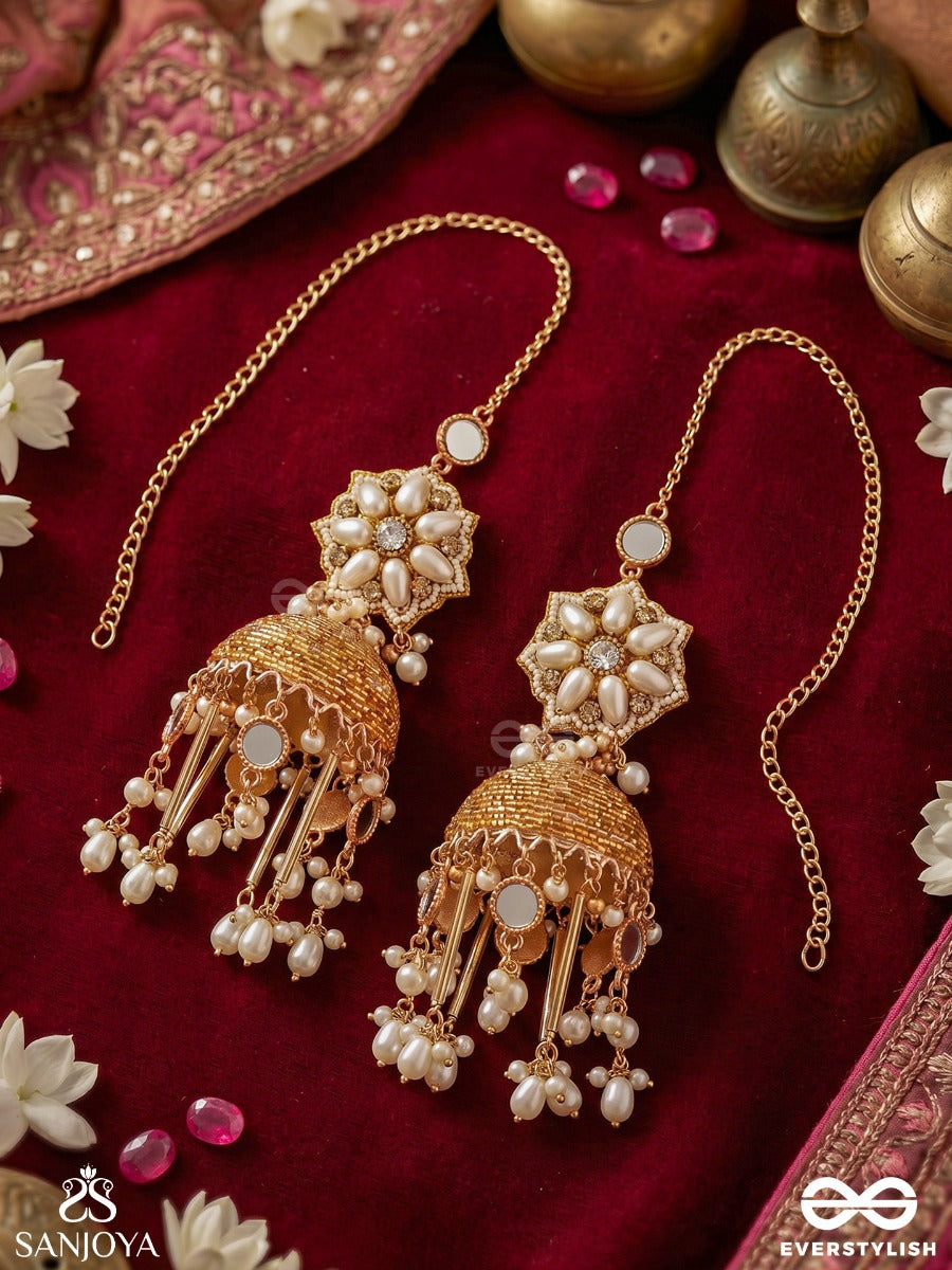 Noormala – Garland Of Light – Ornate Kaanchain Earrings With Handcrafted Pearl Clusters, Filigree Jhumkas And Delicate Ear Chains