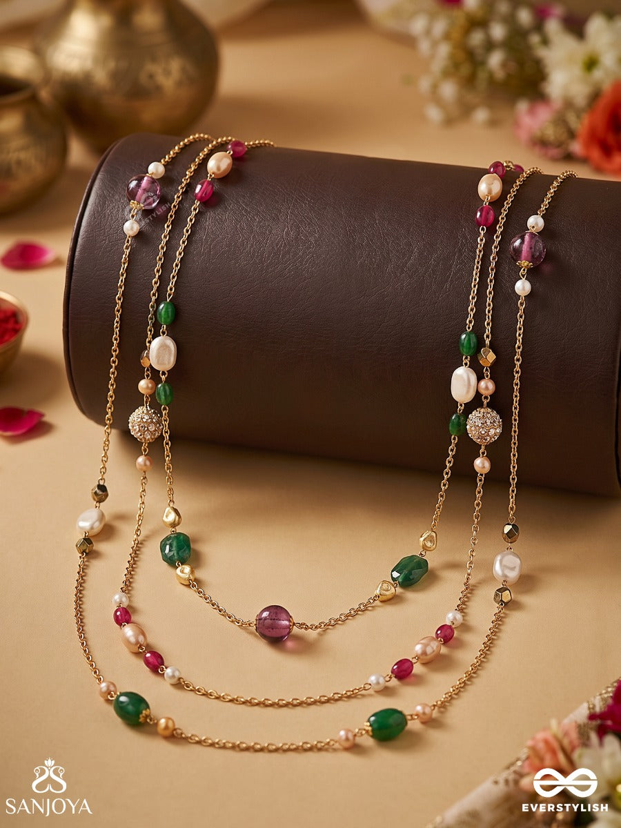 Nirantara – Everlasting – Elegant Layered Necklace With Multi-Colour Gemstones, Pearls And Floral Connectors