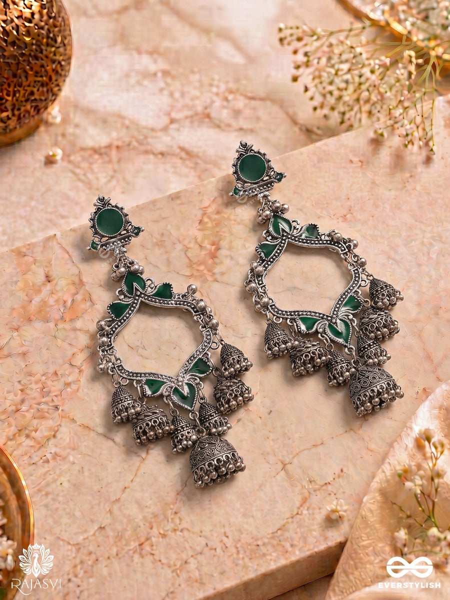 Vrindika – Emerald Enamel Oxidised Chandbali Earrings With Multi Jhumki Drops