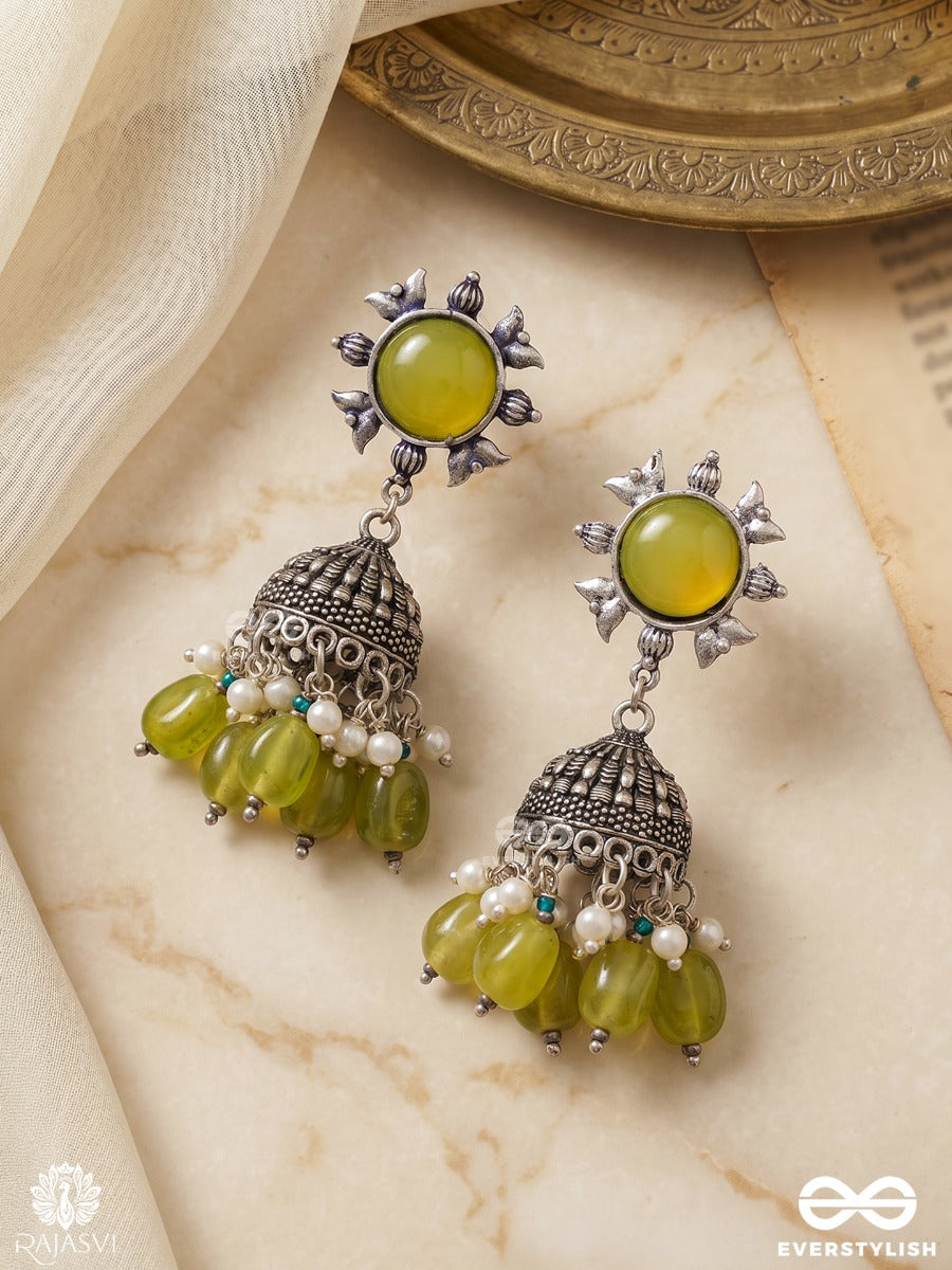 Neelamrita – Oxidised Jhumkas With Lime Green Stone, Pearl Clusters And Lime Green Bead Drops