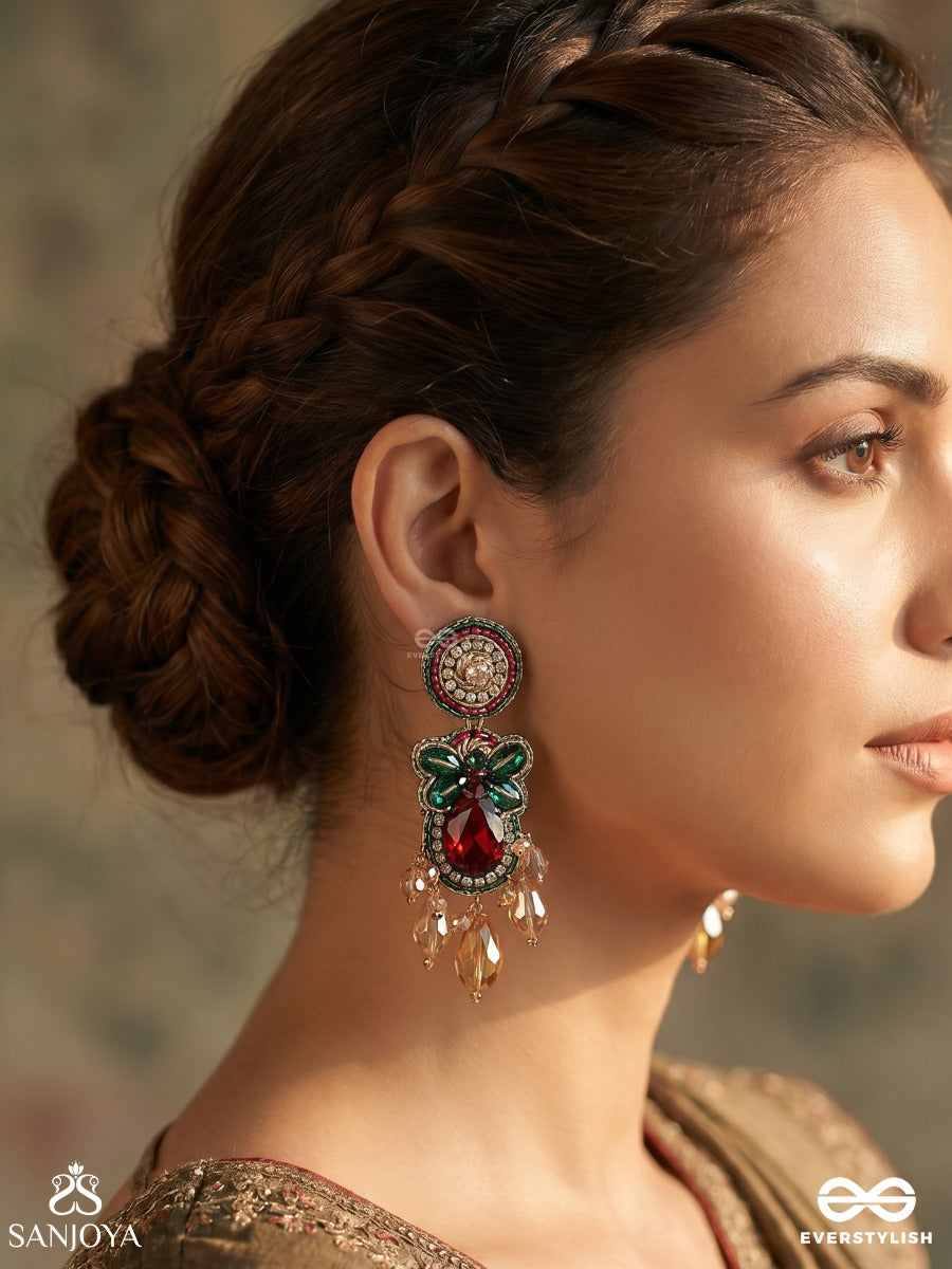 Padminika – Lotus Bloom – Heritage Earrings With Green Meenakari Petal Motifs, Ruby Teardrop Centre, Kundan Accents And Dangling Crystal Charms
