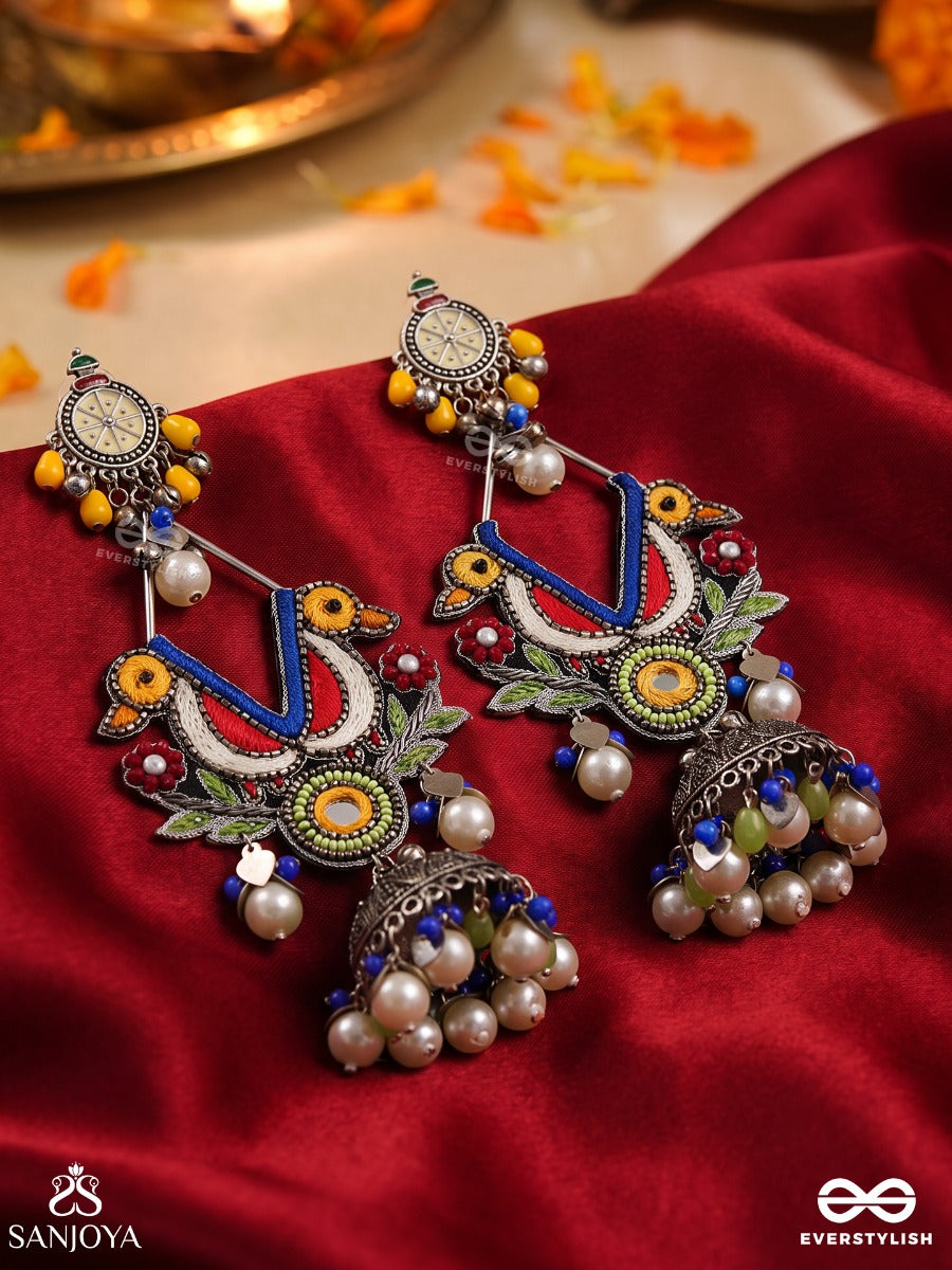 Dhoomri – Festive Spirit – Navratri-Inspired Earrings With Colourful Folk Threadwork, Oxidised Jhumkas, Pearl Drops And Vibrant Bead Accents
