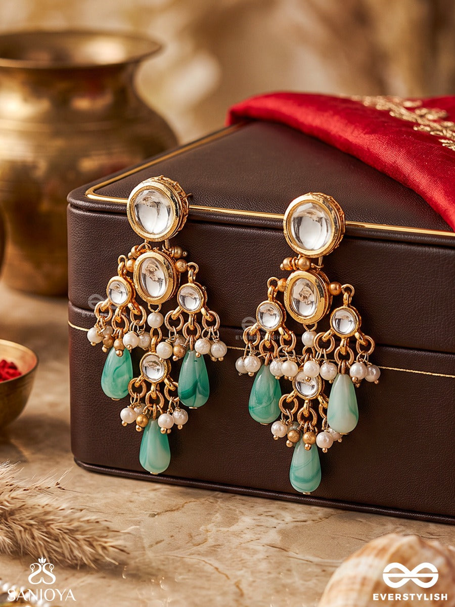 Ratnavali – String Of Gems – Heritage Earrings With Oval Kundan Settings, Pearl Clusters, Aqua Teardrop Danglers And Delicate Golden Filigree