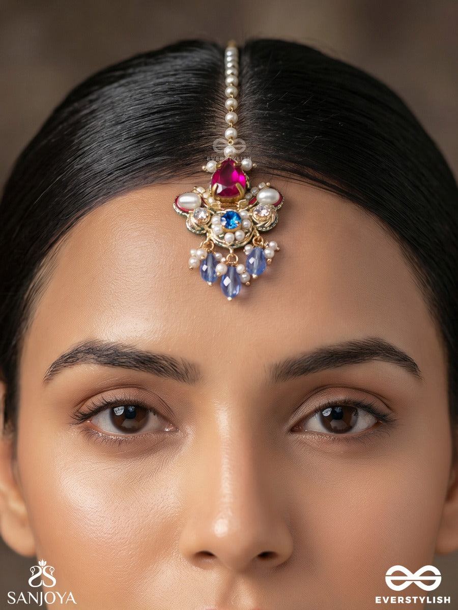 Pratyusha – First Light Of Dawn – Ornate Maangtika With Floral Kundan Motif, Multi-Colour Gem Drops And Crystal Accents