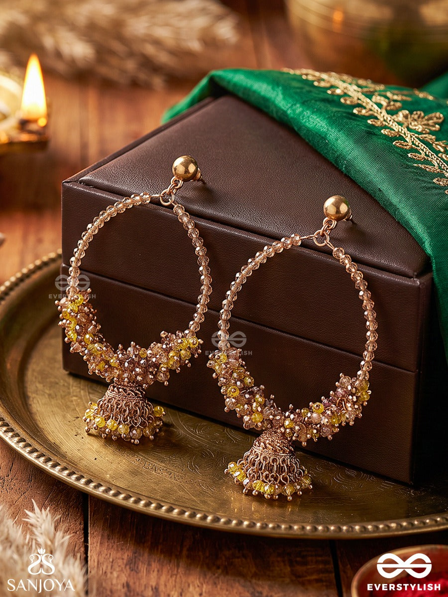 Mohrang – Enchanting Hues – Heritage Hoop Earrings With Intricate Bead Clusters, Mini Jhumka Danglers And Golden Framework