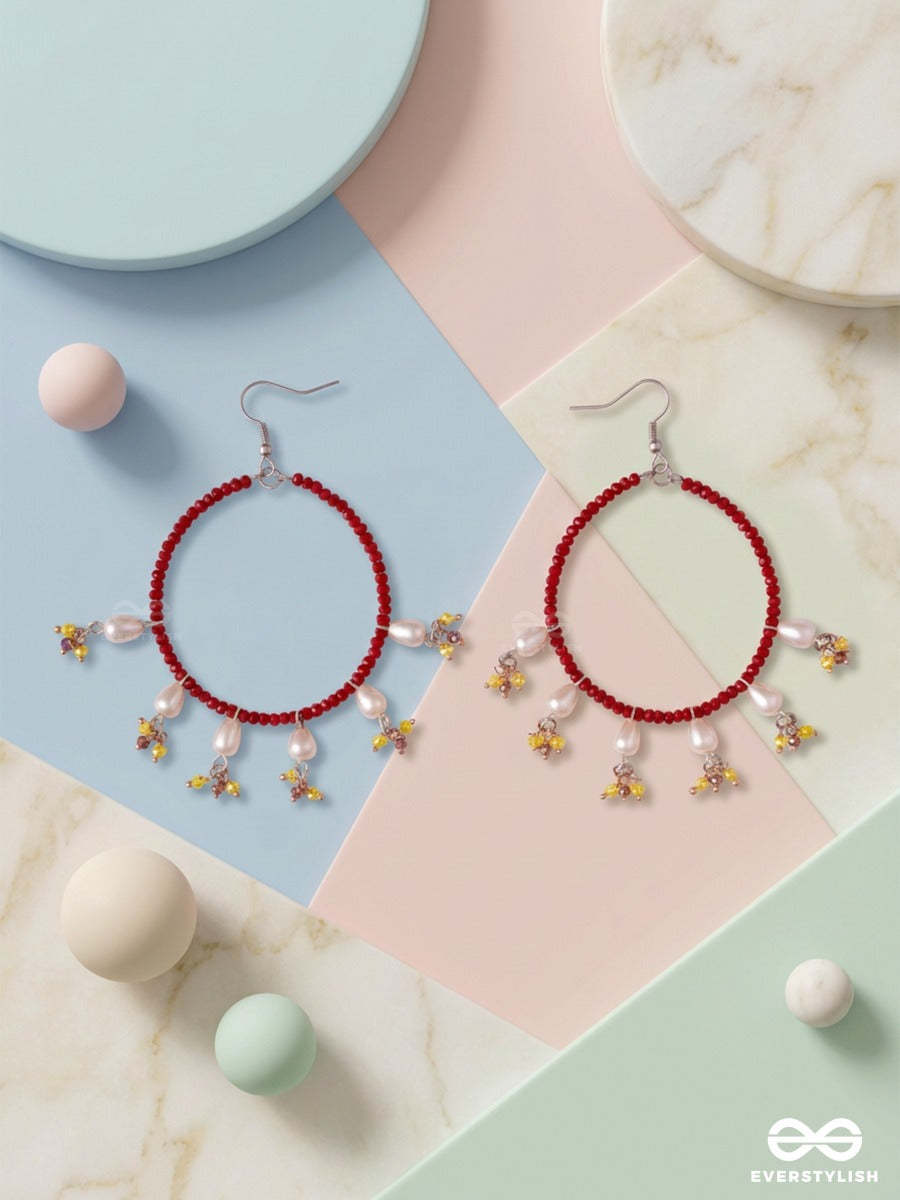 Scarlet Daisy – Red Beaded Hoop Earrings With Pearl And Floral Charms
