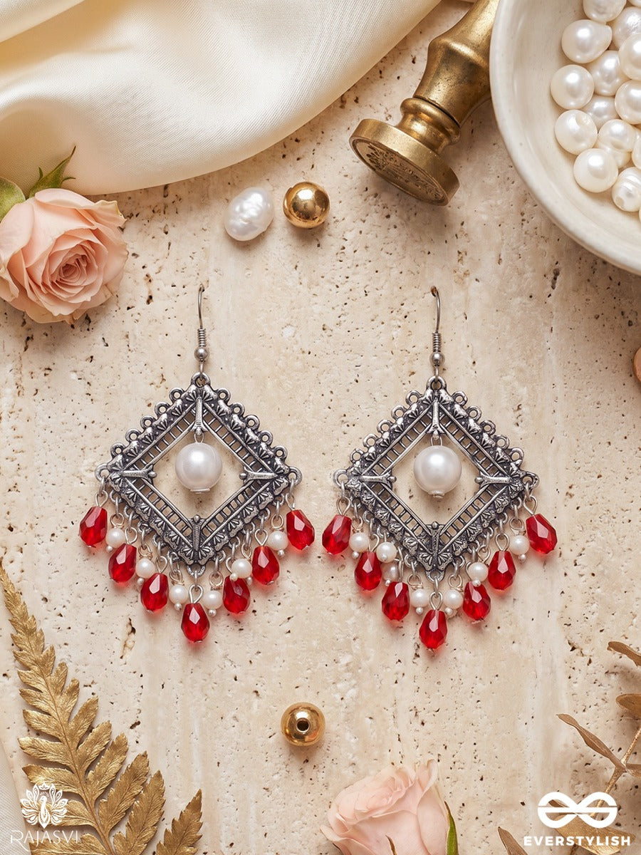 Sindurika – Oxidised Diamond Earrings With Pearl Centre And Ruby Red Bead Drops