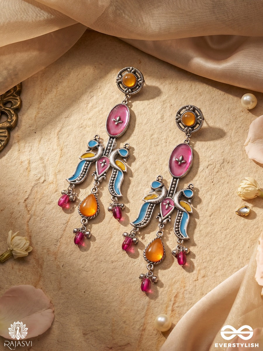 Morlekhika – Oxidised Peacock Earrings With Multicolour Enamel, Teardrop Stones And Ghungroo Drops