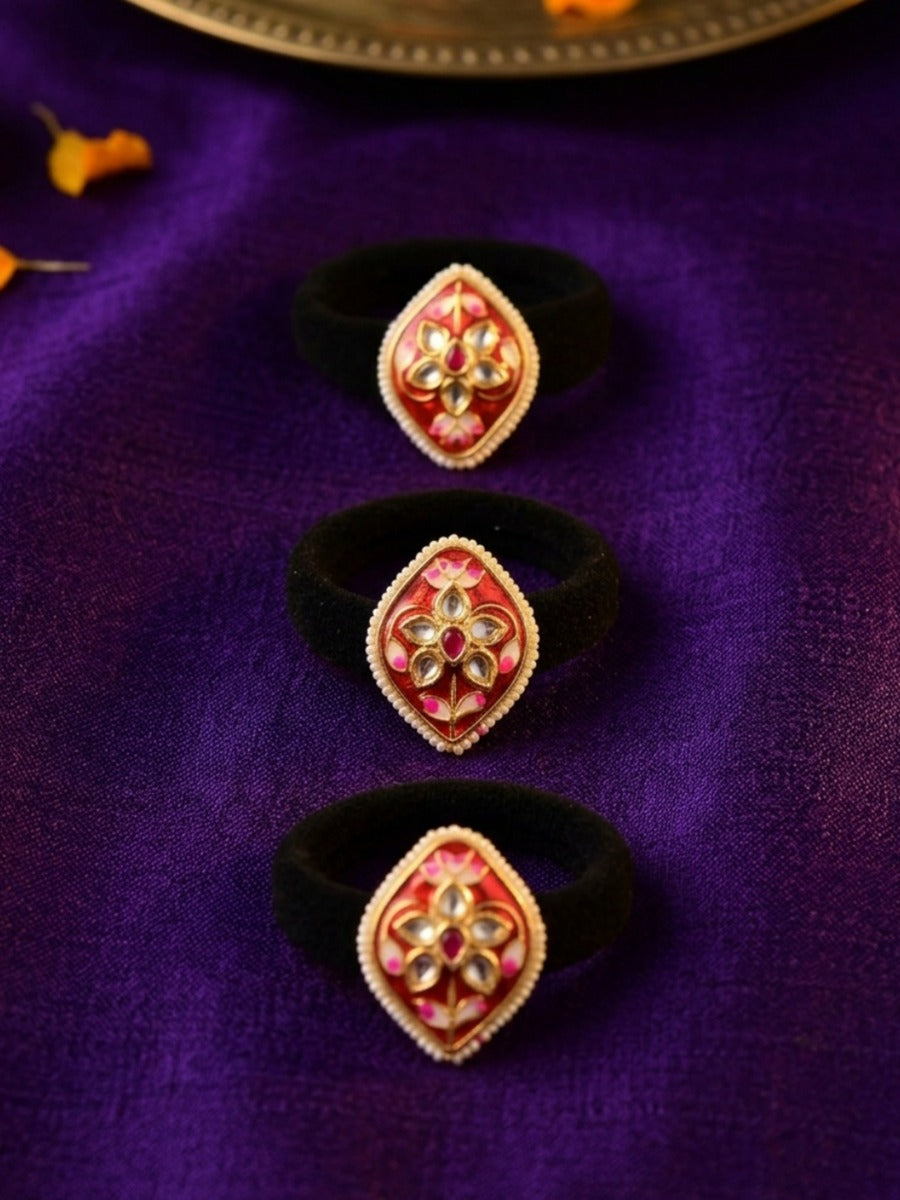 Kesara - Saffron Glow - Pack Of 3 Hair Accessories With Red Meenakari Motifs, Kundan-Style Stones, Pearl Edging And Golden Details