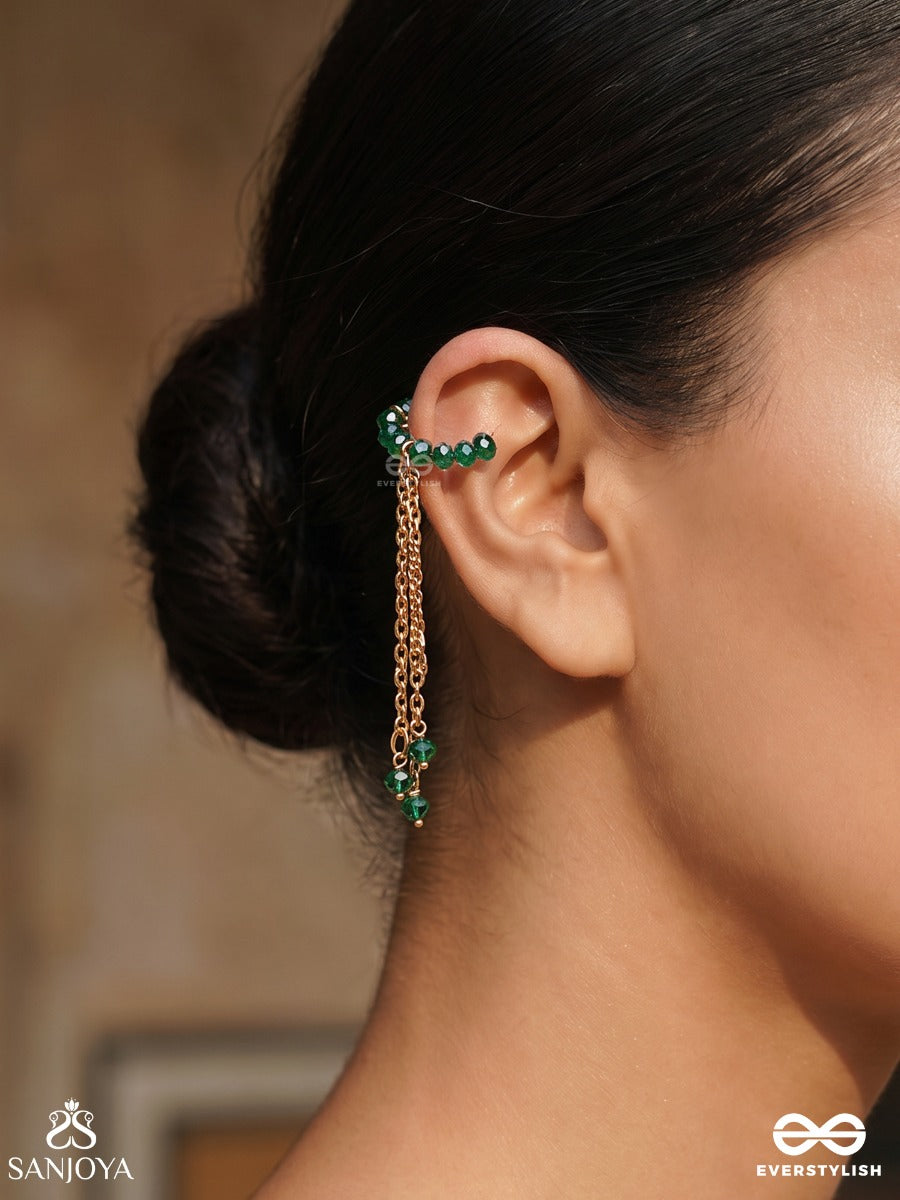 Vanakarni – Forest Ear Adornment – Ornate Single Earcuff With Green Bead Arc, Gold-Tone Chain Linking And Delicate Dangling Bead Accents