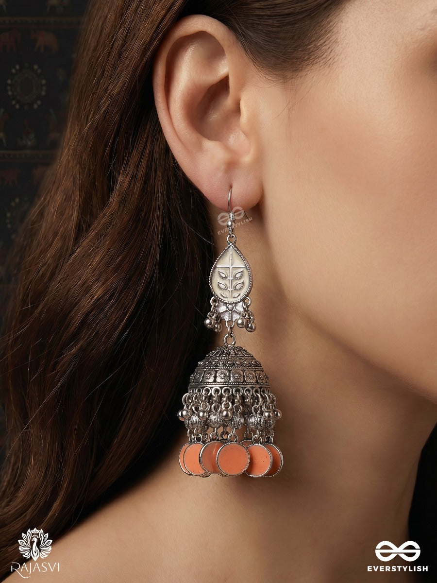 Mohinilekha – Oxidised Jhumka Earrings With Ivory Enamel Motifs, Peach Disc Fringe And Ghungroo Details