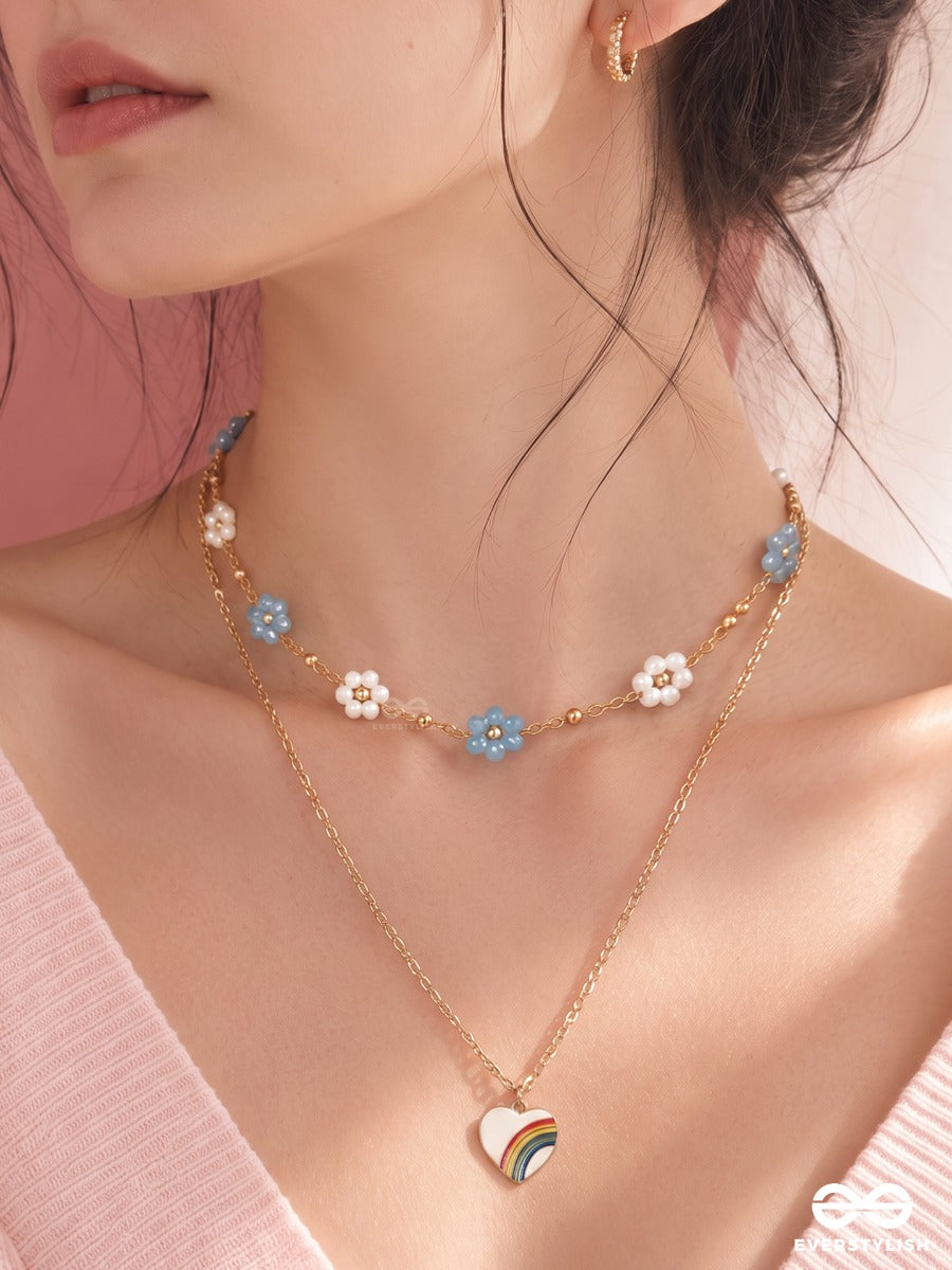 Sky Confetti – Layered Necklace With Aqua Flowers, Pearl Accents And Rainbow Charm