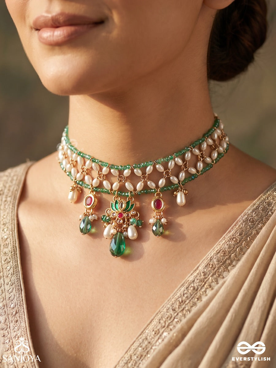Kadambini – Cluster Of Blooms – Heritage Choker With Mother-Of-Pearl Floral Links, Kundan Details, Emerald Drops And Pearl Charms