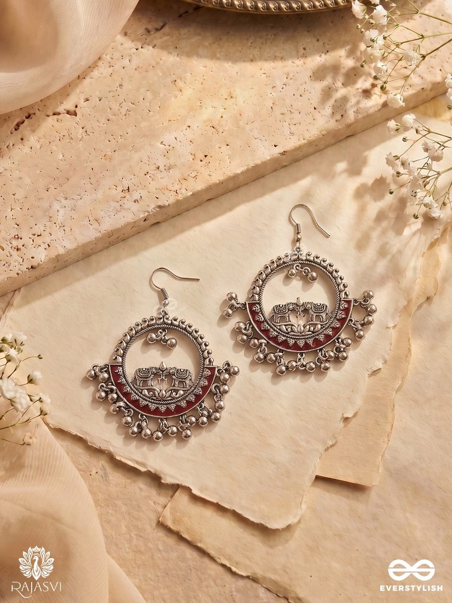 Padminika – Oxidised Hoop Earrings With Red Enamel, Lotus Motifs And Silver-Tone Drops