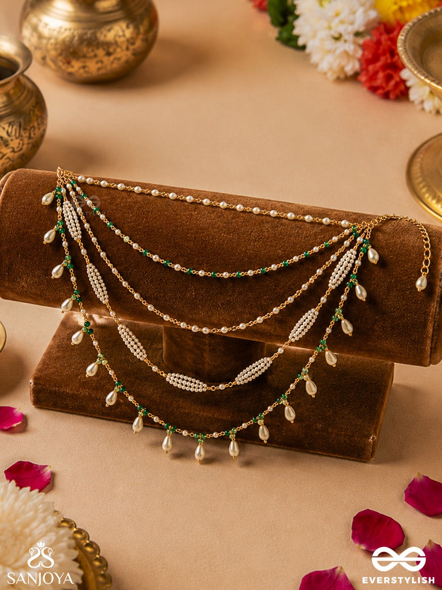Yashna – Celebration Of Glory – Multi-Purpose 3-In-1 Layered Chain With Emerald Beads, Pearl Drops And Delicate Golden Strands