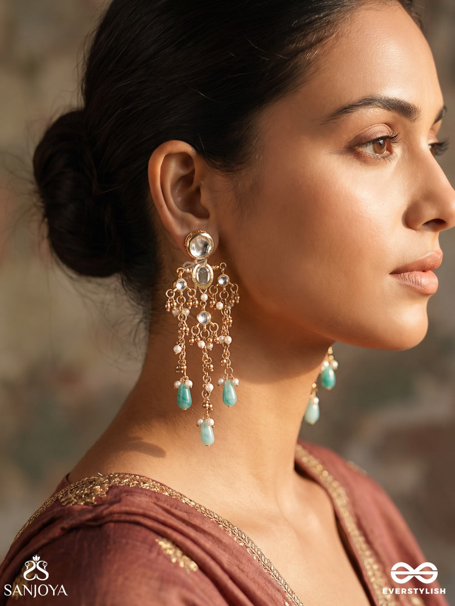 Tanirika – Water-Born Beauty – Heritage Earrings With Mirror Kundan Motifs, Pearl Clusters, Cascading Chains And Aqua Drop Accents