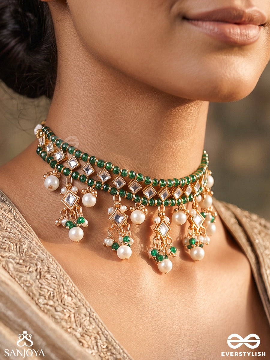 Tarini – Saviour – Heritage Choker With Green Beadwork, Pearl Clusters And Ornate Floral Fringes