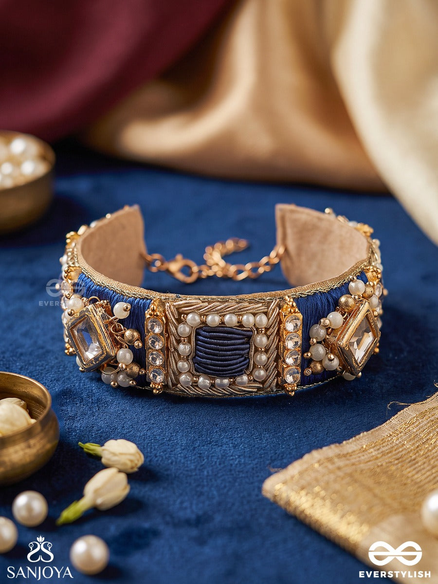 Mayukh – Ray Of Light – Heritage Bangle (Single) With Navy Threadwork, Mirror Kundan Motifs, Pearl Clusters And Handwoven Golden Detailing
