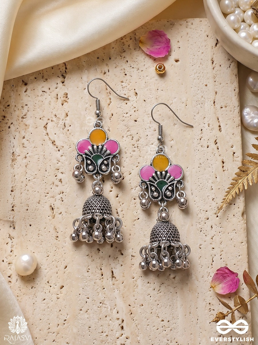Basantika – Oxidised Heritage Jhumka Earrings With Pink And Mustard Floral Motifs, Green Accents And Ghungroo Fringes