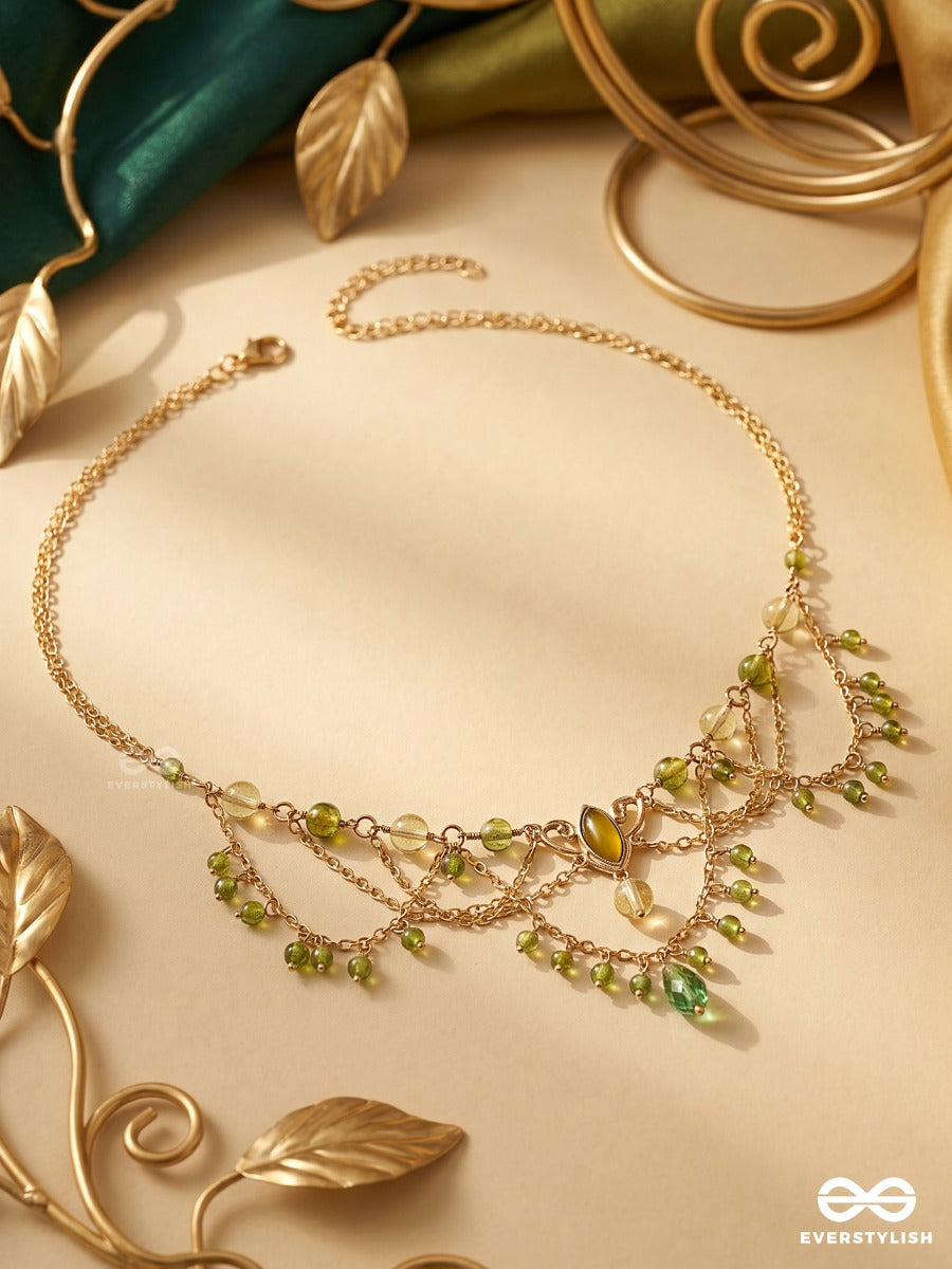 Sage Shimmer – Layered Green Crystal Beaded Drape Necklace With Golden Details
