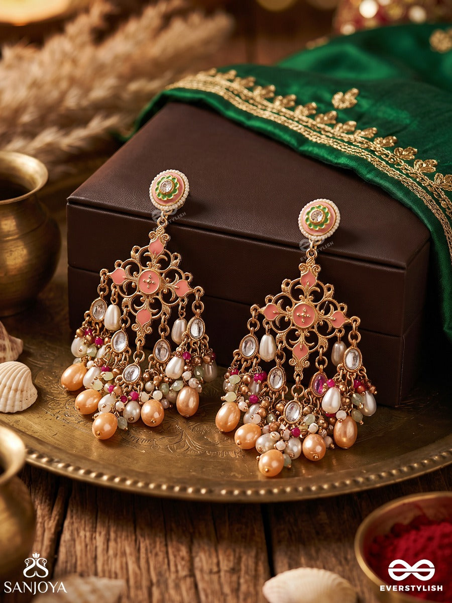 Ahladini – Full Of Joy – Heritage Earrings With Peach Enamel Motifs, Cascading Pearls, Colourful Bead Clusters And Soft Peach Drops