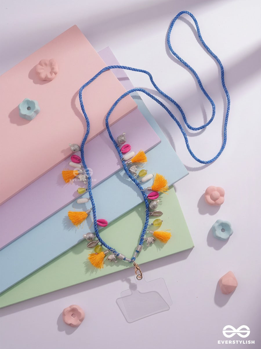 Banjara – Braided Blue Phone Sling With Tassels, Shell Charms And Multicolour Beads