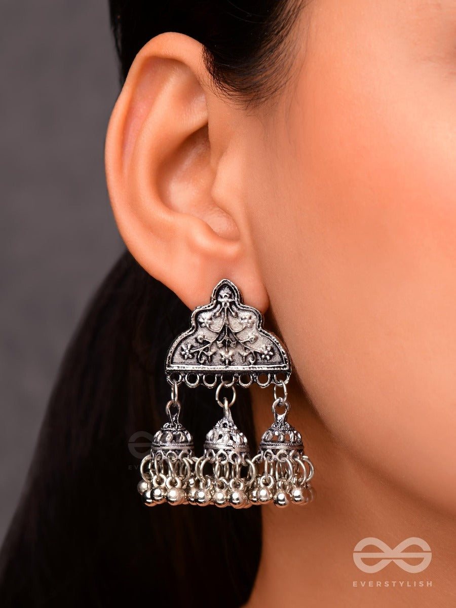 The Boho Delight - Triple Jhumki Studs - Oxidised Boho Earrings
