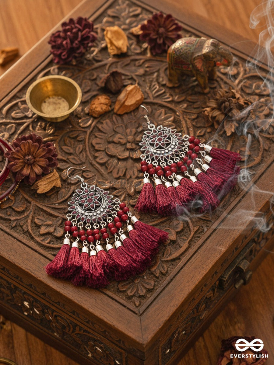 The Enamelled Artwork Tassels (Burgundy) - Oxidised Boho Earrings