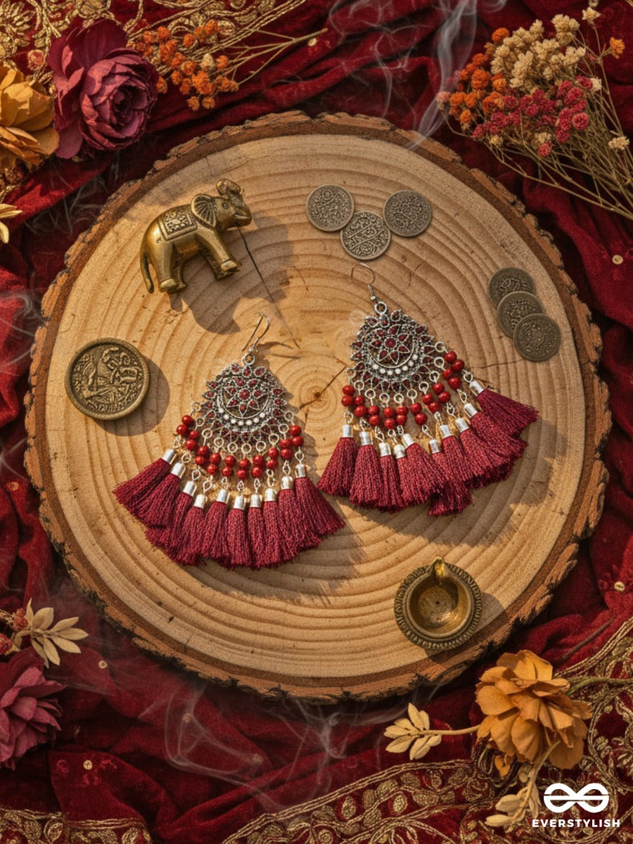 The Enamelled Artwork Tassels (Burgundy) - Oxidised Boho Earrings
