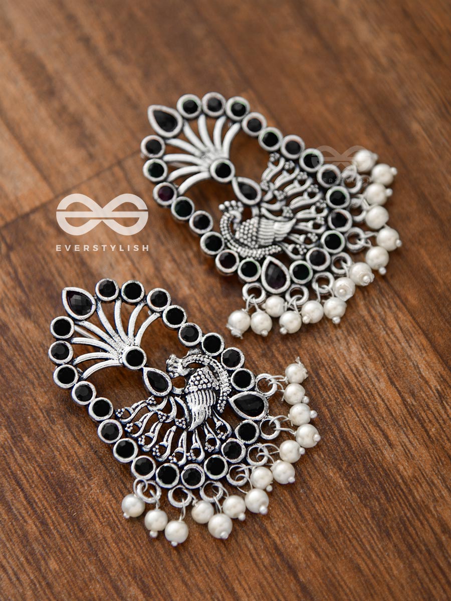 The Delightful Peacock Artwork (Onyx Black) - Embellished Oxidised Earrings