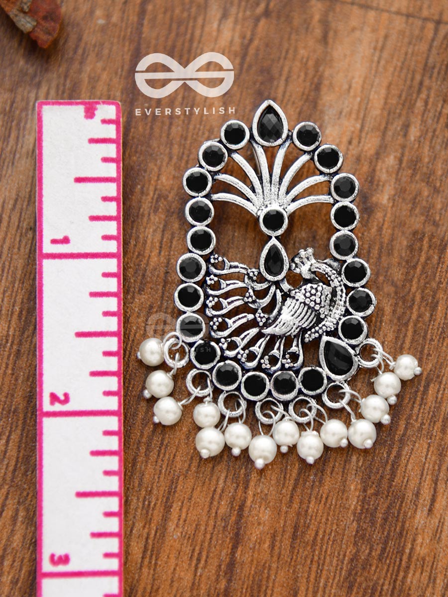 The Delightful Peacock Artwork (Onyx Black) - Embellished Oxidised Earrings